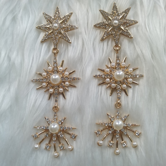 Gold Pearl Crystal Star Burst 3 Tier Drop Earrings - Picture 9 of 11